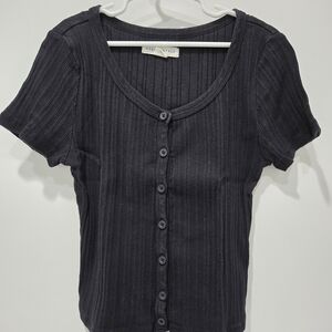 Awropostale Black Ribbed Button-Down Shirt